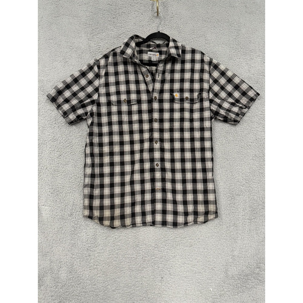 Carhartt Shirt‎ Mens XL Black Gray Plaid Short Sleeve Button Front Relaxed Fit